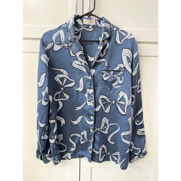 Olivia von Halle Blue Silk Satin Pajama Set Sz L Lila Arran Blue Bow Women’s - Picture 2 of 8